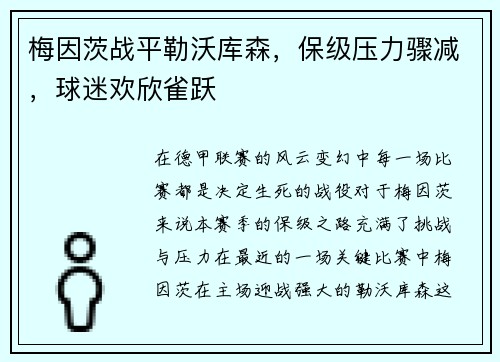 梅因茨战平勒沃库森，保级压力骤减，球迷欢欣雀跃
