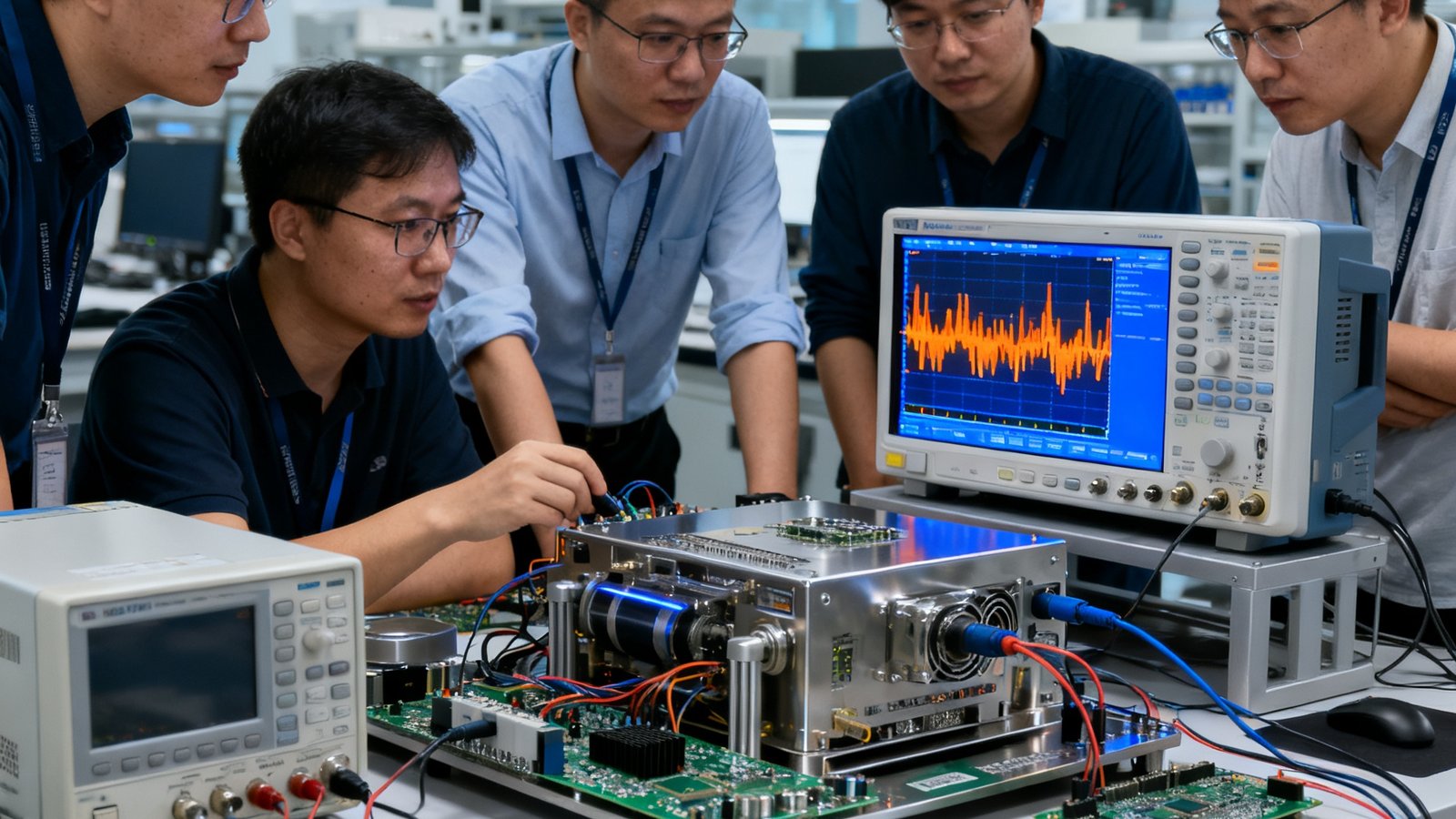 WM视讯研发团队六名工程师在实验室中围绕8K传输设备原型机进行联合调试，示波器显示信号波形，工作台上摆放着多种测试仪器与PCB板，展现严谨的研发流程与团队协作氛围。