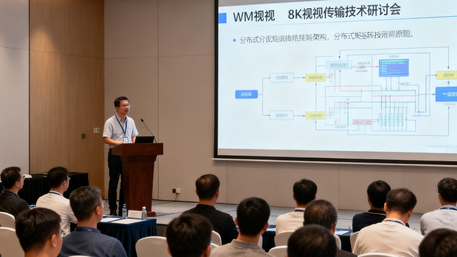 WM视讯在深圳举办8K视讯传输技术研讨会，技术专家正在为来宾讲解分布式矩阵架构原理，现场座无虚席。