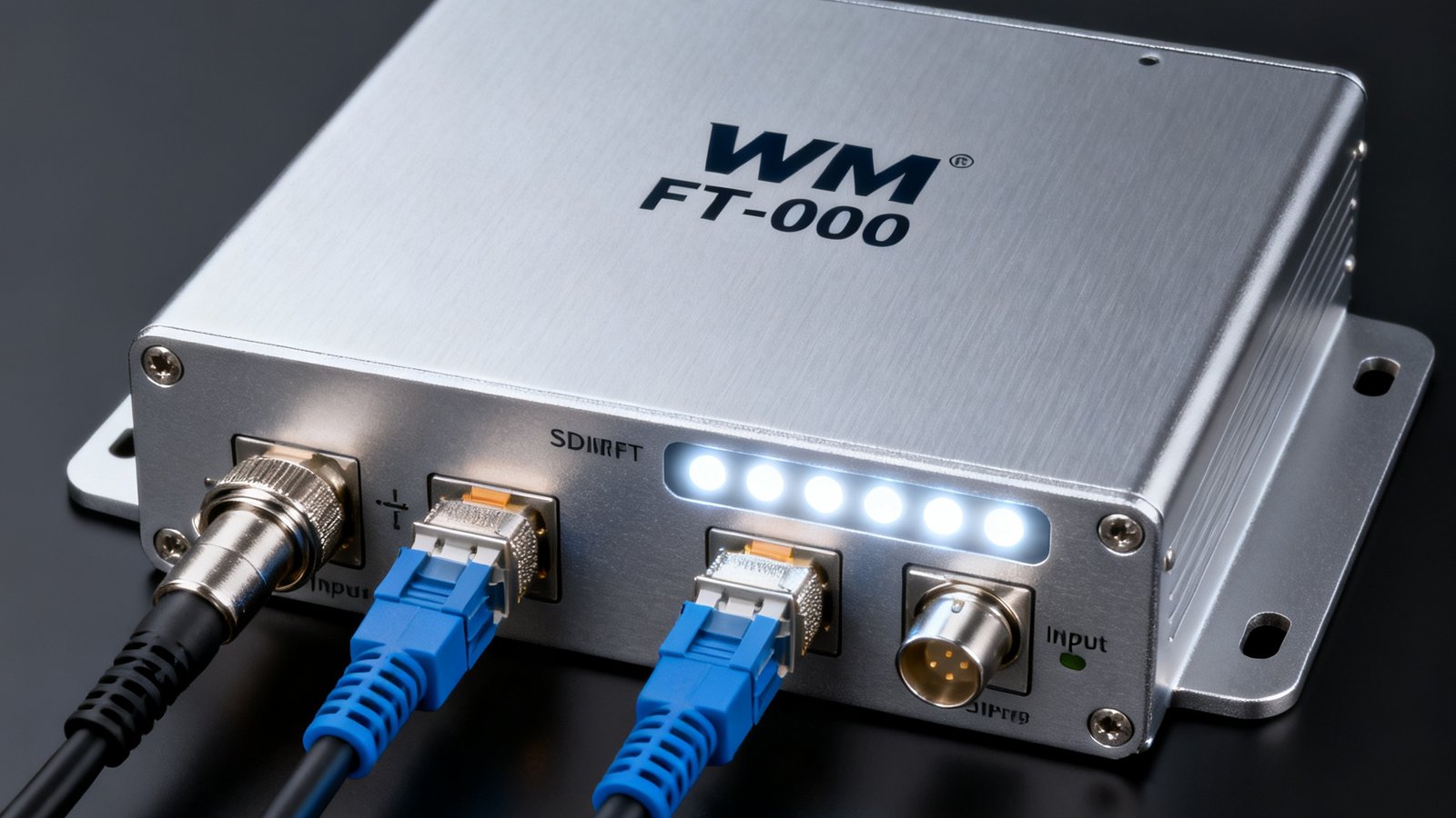 WM视讯FT-8000光纤传输器旗舰型号正面产品照，全金属外壳配LED状态指示灯面板，双LC光纤接口与SDI输入输出端口清晰可见，体现工业级设备的扎实做工。
