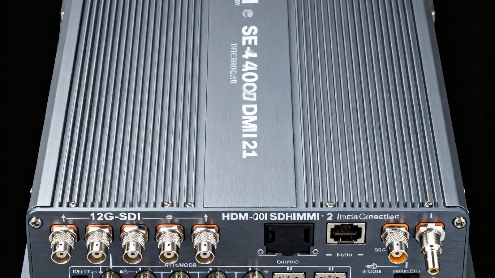 WM视讯SE-400 SDI/HDMI信号延长器接口面板细节，展示丰富的输入输出端口配置，支持12G-SDI与HDMI 2.1双向互转，金属机身散热格栅设计精致。